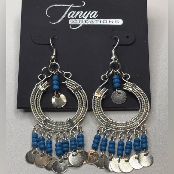 Bohemian Silver and Blue Dangle Hoop Earrings with Fringe 3 inch - Picture 4 of 6